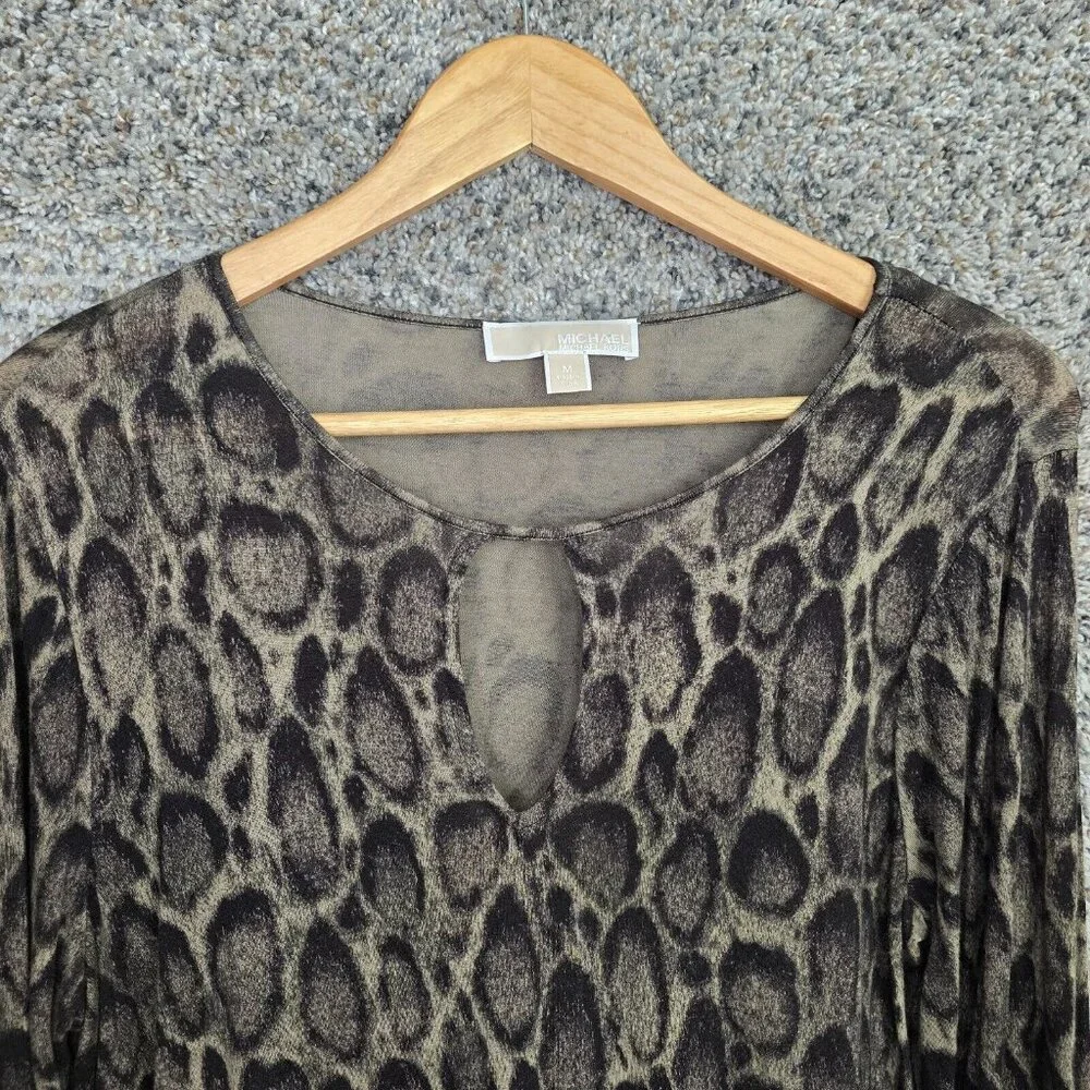 Michael Kors Top Womens Medium Green Animal Print Keyhole Neck‎ Semi Sheer Tee